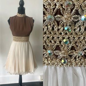 Vintage 1960’s Rhinestone Pleated Brown and Cream Mini Dress